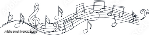 Musical notes and staff, treble clef, musical symbols, music sheet, melody line, artistic composition, abstract music.