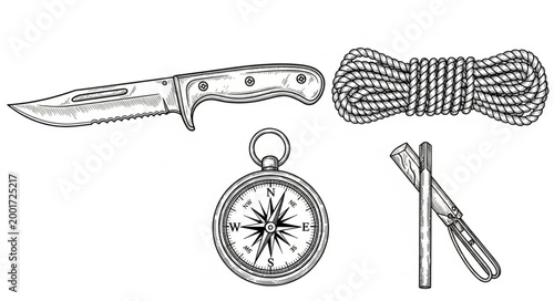 Camping and survival gear illustration including a knife compass and rope.
