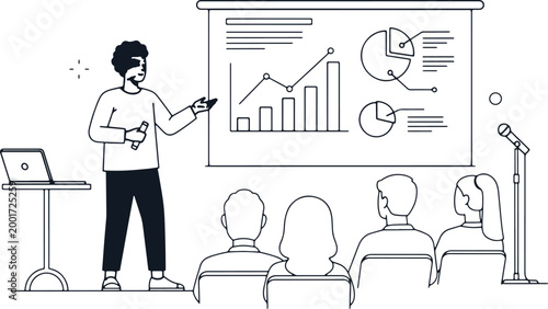 Business presentation, speaker with laptop, chart and graphs on screen, audience listening, seminar, training, meeting.