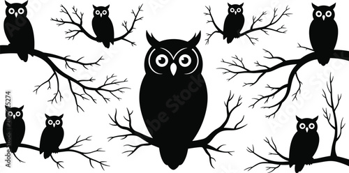 owl, silhouette, vector, illustration, bird, wildlife, branch, set, black, nocturnal, nature, animal, design, graphic, isolated, forest, decorative, collection, spooky, background