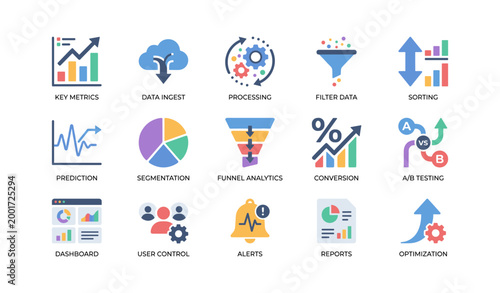 Analytics icons depicting metrics and processing on white background