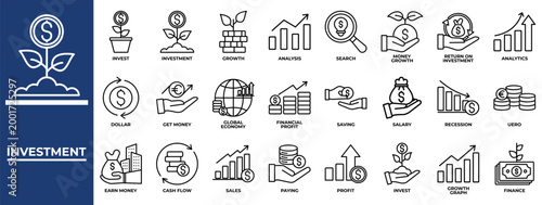 Investment icon set collection. Containing sales, value, increase, review, earn, profit, report .Line vector icons collection