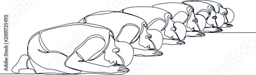 Line art of people bowing, group submission, respectful gesture, unified pose, spiritual practice, religious ceremony.