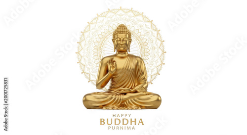 Golden buddha statue sitting in lotus position with glowing circular light aura
