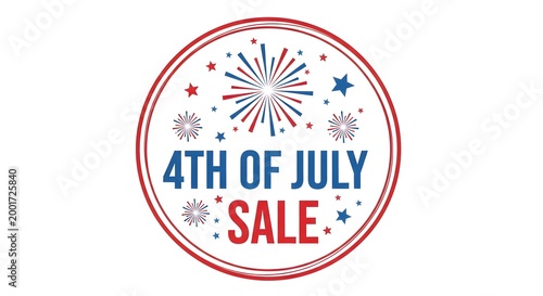 4th of july sale round badge with fireworks and stars isolated on white background
