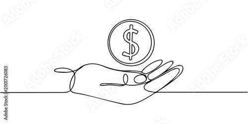 hand receiving a dollar coin continuous one line drawing, A continuous line drawing of a hand holding a dollar coin, symbolizing finance and giving or receiving money, Continuous line art of one hand 