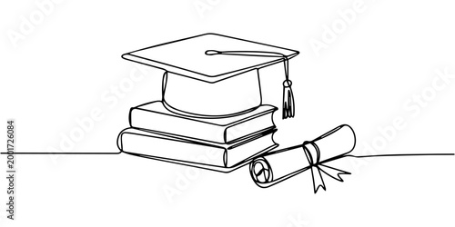 graduation continuous one line drawing, Continuous one line drawing of a graduation cap and a rolled diploma scroll representing academic success and school completion Vector, illustration