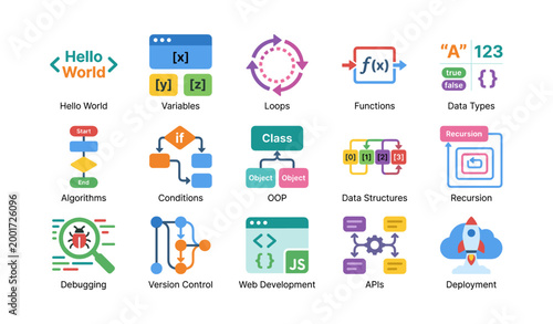 Programming icons showing functions loops and data types