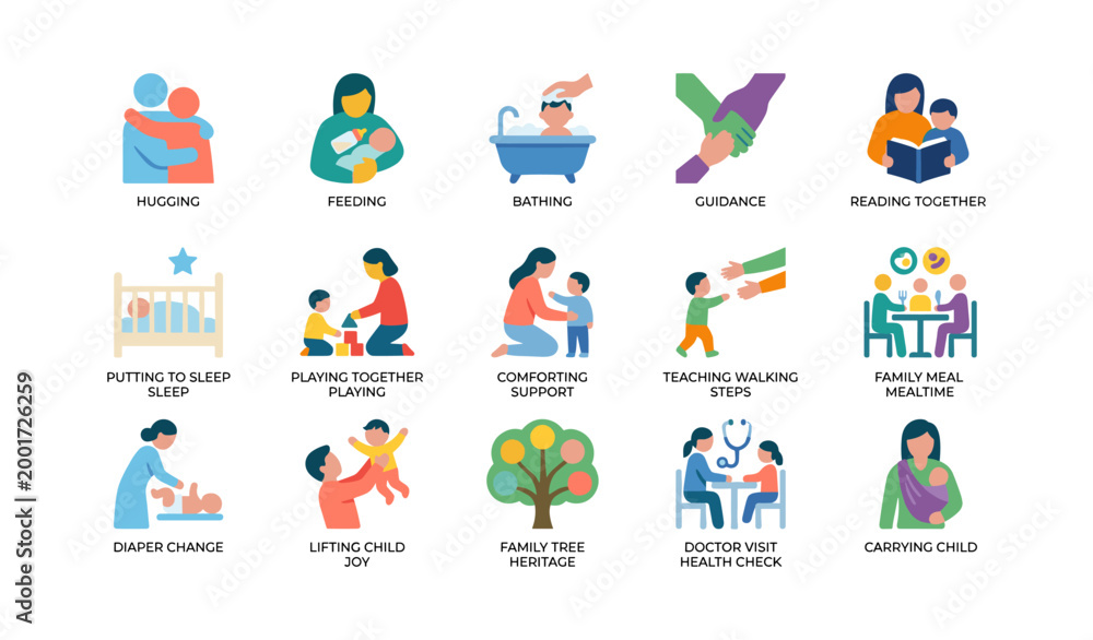 Fototapeta premium Family caregiving and child care icons shown in grid layout
