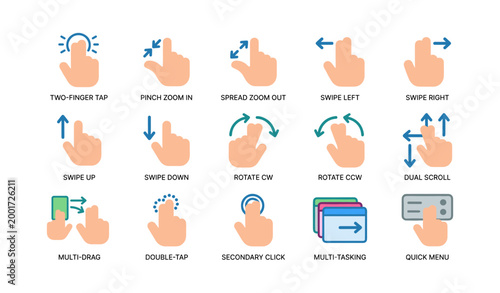Touch gesture icons showing swipe pinch and tap on white background