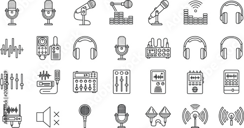 Audio equipment icons set with microphones headphones mixer equalizer speakers and sound technology elements outline vector illustration collection