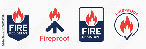 Fireproof Icon Set with Fire Resistant Symbols, Flame Protection Signs and Safety Elements for Industrial, Construction and Emergency Design Vector Illustration