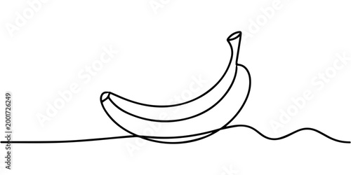 single banana continuous one line drawing, Single continuous line drawing of a ripe banana on a white background., Minimalist illustration of a single banana, made in one continuous line. Vector 