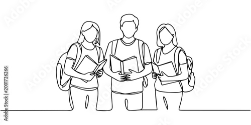 students standing together continuous one line drawing, Continuous one line drawing of group of students standing and talking together, social connection in academic environment, student standing 