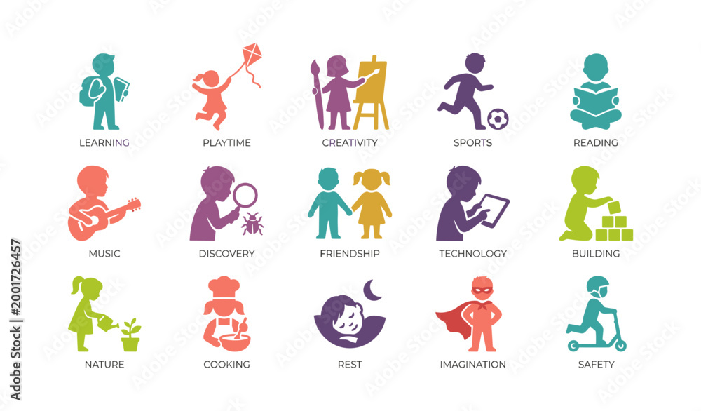 Fototapeta premium Children activity icons arranged in a grid on white background