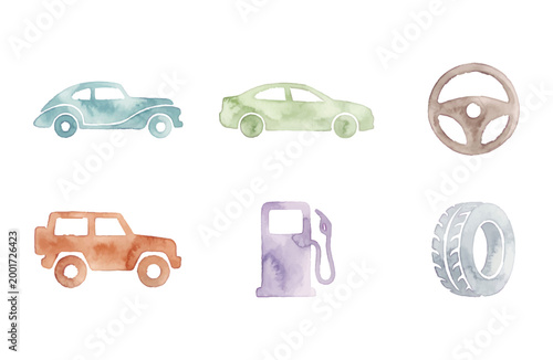 Watercolor Automotive Icon Set with Cars Steering Wheel Gas Pump and Tire
