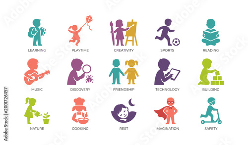 Children activity icons arranged in a grid on white background