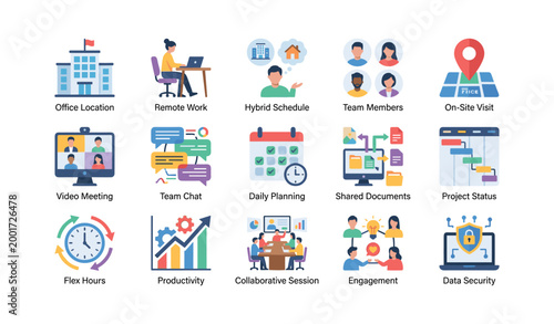 Workplace and remote work icons arranged on white background