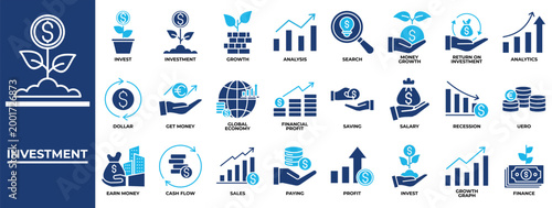 Investment icon set collection. Containing sales, value, increase, review, earn, profit, report .Solid vector icons collection
