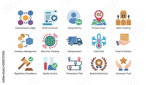 Supply chain and blockchain concept icons on white background