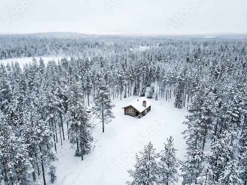 Remote Wooden Cabin Nestled in a Vast SnowCovered Forest in Winter.