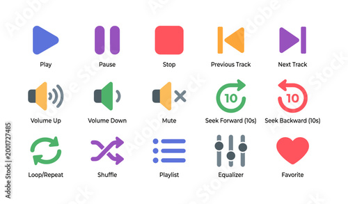 Media control icons arranged in a grid on white background