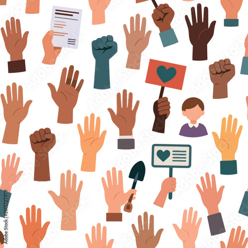 Create a realistic kinds of different many raised hands silhouettes in seamless pattern - voting, protest, volunteering, school vector art with white background..