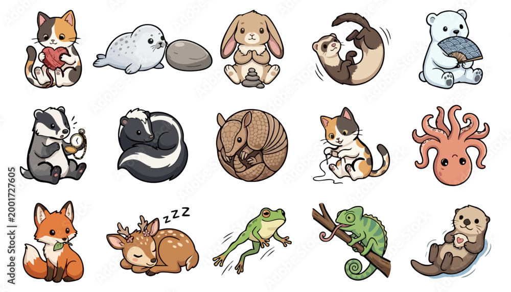 Fototapeta premium Cute Kawaii Baby Animals Set Happy Wildlife Stickers Vector