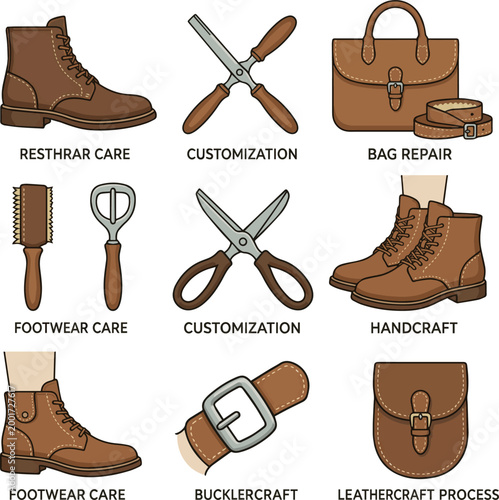 Create a realistic Leather and shoe repair service icon set featuring restoration, customization and maintenance tools. Footwear care, bag repair, handcraft, buckle and leathercraft process vector art