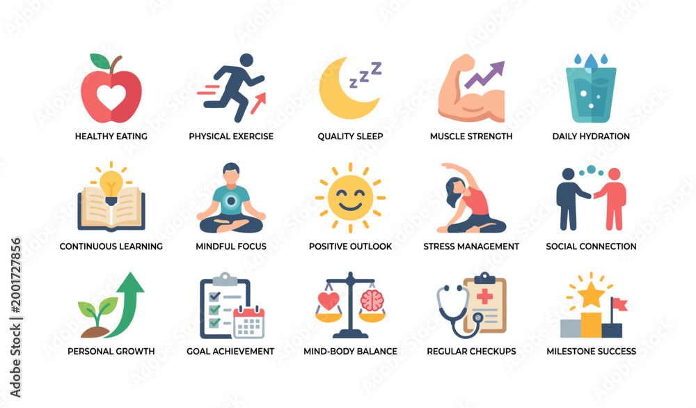 Fototapeta premium Wellness and self care icons illustrating healthy lifestyle and habits