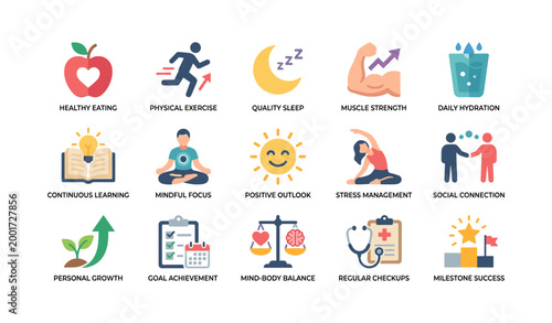 Wellness and self care icons illustrating healthy lifestyle and habits