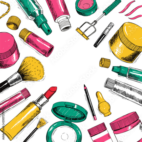 Create a realistic make-up background with space for your text and cosmetic tools from top view vector art with white background..