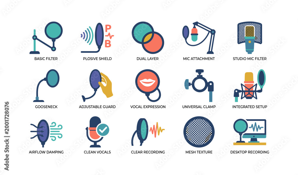 Fototapeta premium Microphone pop filter and accessory icons arranged on grid
