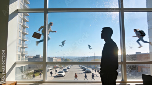 Silhouette Watching People Fly Across Blue Sky Above Busy City Street, Surreal Everyday Commute Concept