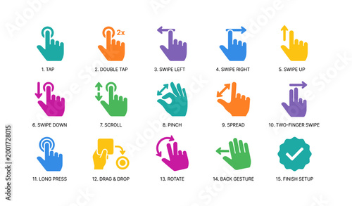 Touch gesture icons demonstrating taps swipes and multi finger actions