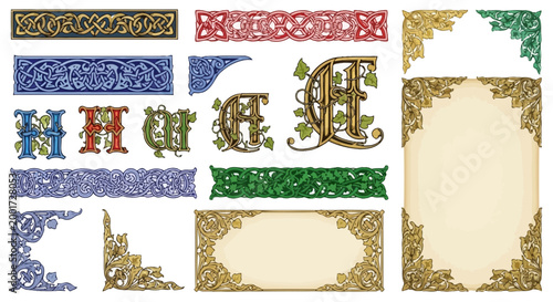 Medieval Illuminated Manuscript Vector Border Collection – Gothic Botanical and Gold Leaf Elements