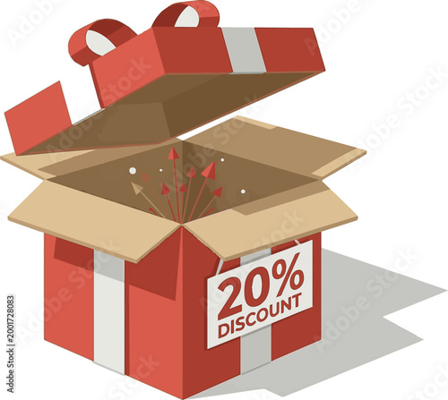 Create a realistic Open gift box with red 20 percent discount on white background .