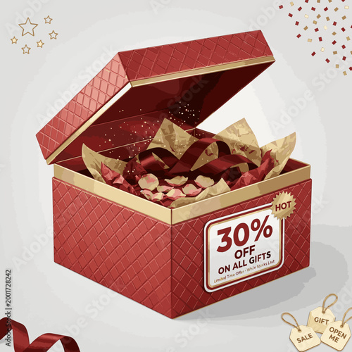 Create a realistic Open gift box with red 30 percent discount on white background - Discount sale concept. 3d rendering vector art
