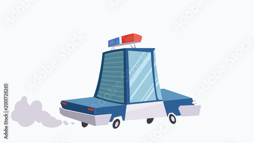 Vector stylized police car icon. Flat design funny cartoon patrol vehicle with siren lights and exhaust smoke. Isolated law enforcement car for mobile games, stickers, and kids animation.