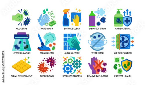 Cleaning and disinfection icons displayed in grid layout