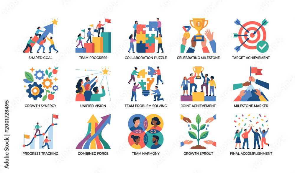 Fototapeta premium Teamwork and achievement icons depicting collaboration and progress