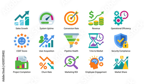 Kpi icons arranged in a grid with labels on white background