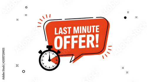 A graphic illustration featuring a last minute offer speech bubble and a stopwatch indicating urgency