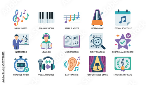 Music lesson icons depicting tools and schedules on white background