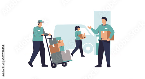 Delivery personnel actively engaged in loading and unloading packages from a van, showcasing efficient logistics and teamwork.