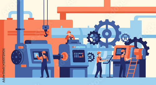 Modern factory floor with workers operating advanced machinery and complex industrial equipment, showcasing automation and manufacturing processes.