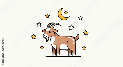 A charming cartoon illustration of a brown goat standing under a crescent moon surrounded by stars.