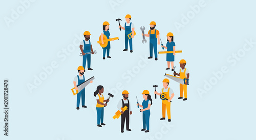 A diverse group of construction workers in hard hats and overalls stand in a circle, holding various tools and equipment, symbolizing teamwork and collaboration in the building industry.