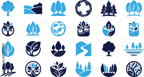 Assortment of nature and eco friendly logos with trees plants and abstract shapes in blue tones.
