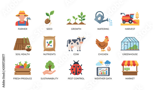 Agriculture and farming icons displayed in a grid on white background